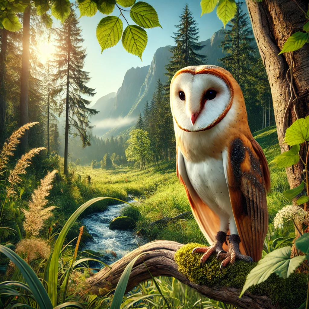 Barn Owl enjoying itself outside in a forest at the base of a majestic mountain.